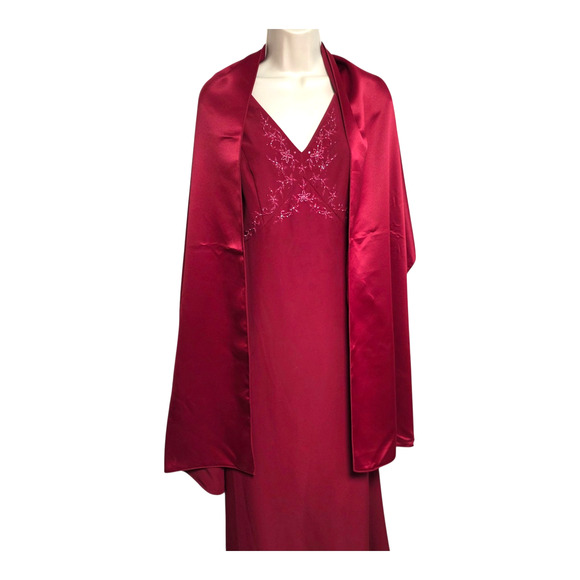 Vintage Y2K Red Maxi Dress W/ Shawl Gown David’s Bridal Sz 4 Beaded Front Demure - Picture 4 of 9